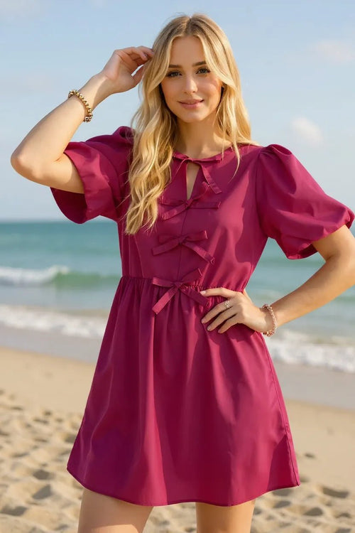 Oh Bow Ruched Puff Sleeve Mini Dress - Livirosa Shop
