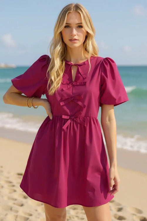 Oh Bow Ruched Puff Sleeve Mini Dress - Livirosa Shop