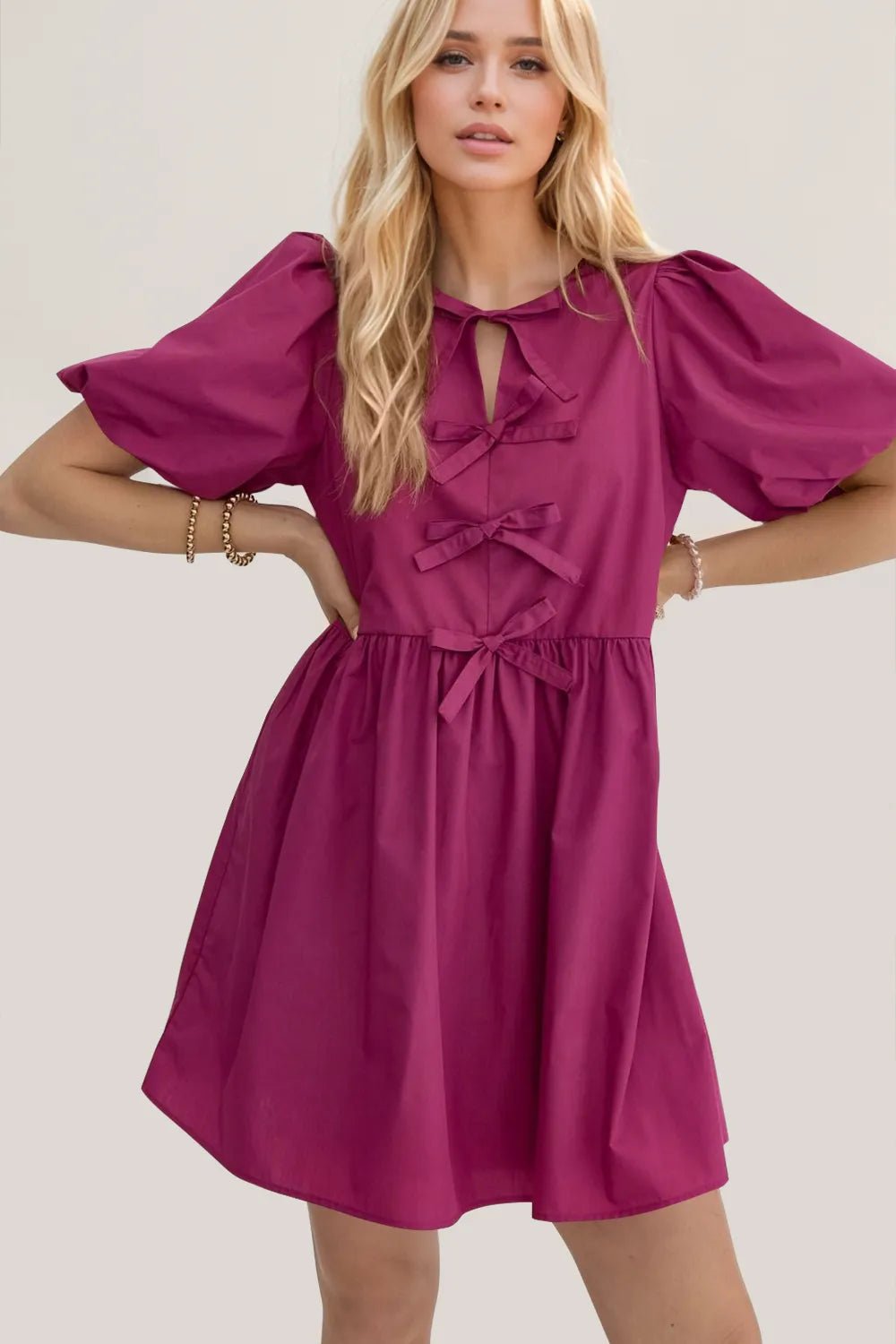 Oh Bow Ruched Puff Sleeve Mini Dress - Livirosa Shop
